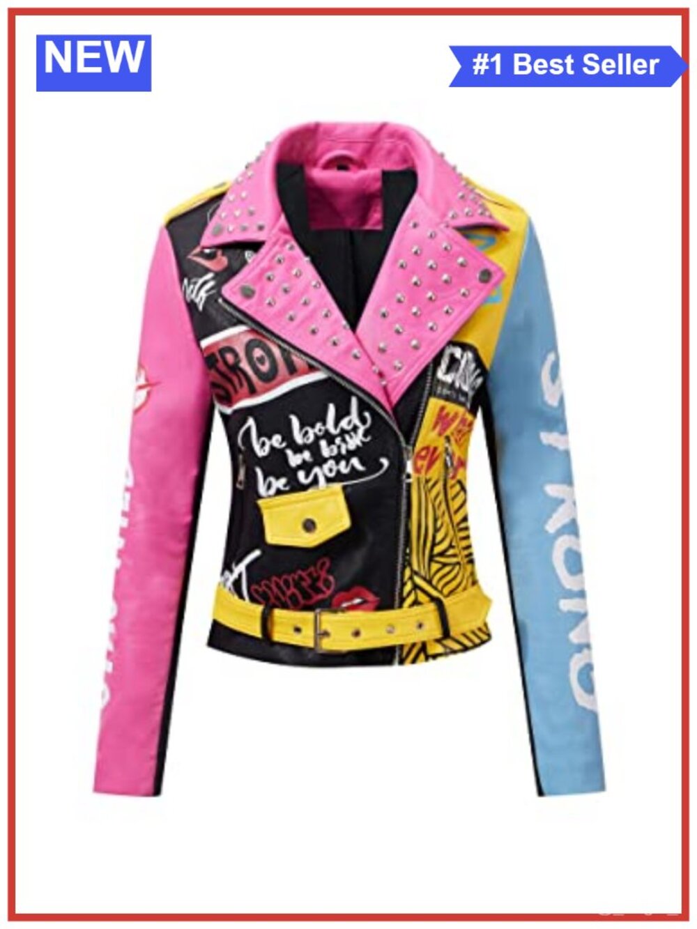Women's Faux Leather Studded Moto Jacket Belted Short Streetwear